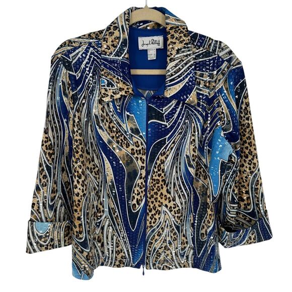Joseph Ribkoff Leopard Sequin Zip Up Jacket Blue Brown Black Party Going Out 18 - Picture 1 of 10